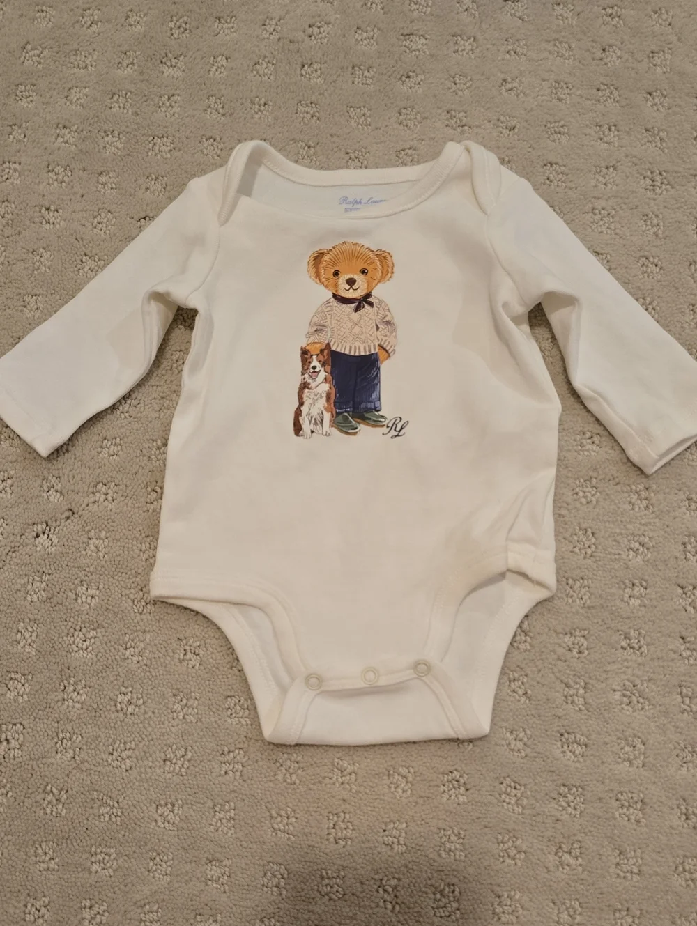 Ralph Lauren Cream Bear & Dog Long-Sleeve One-Piece Onsie Newborn